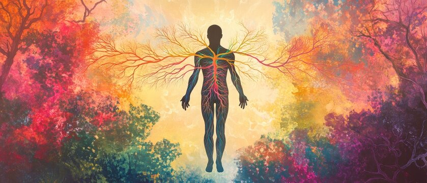 Vagus nerve as branching trees within a human silhouette, merging natural growth and human anatomy in an abstract way, highlighting the body's connection to nature and wellness