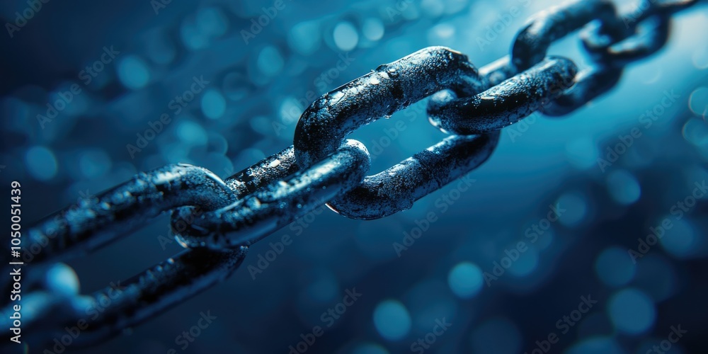 Poster chain of links is shown in a blue color. the chain is made of metal and he is cold. the image has a 