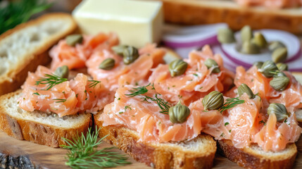 Salmon Rillettes on Toasted Bread with Dill Garnish