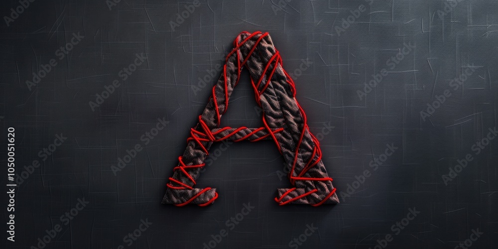 Poster string art of the letter a is displayed on a black background. the letter is made up of red and blac
