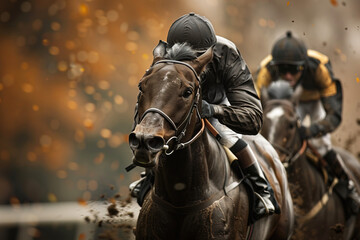 Fototapeta premium Riders and jockeys on a group of racehorses compete on a racetrack. Great speed in equestrian sports.