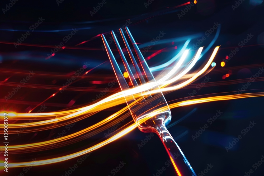 Poster fork is shown in a blurry image with a bright light shining on it. the image has a dreamy, surreal q