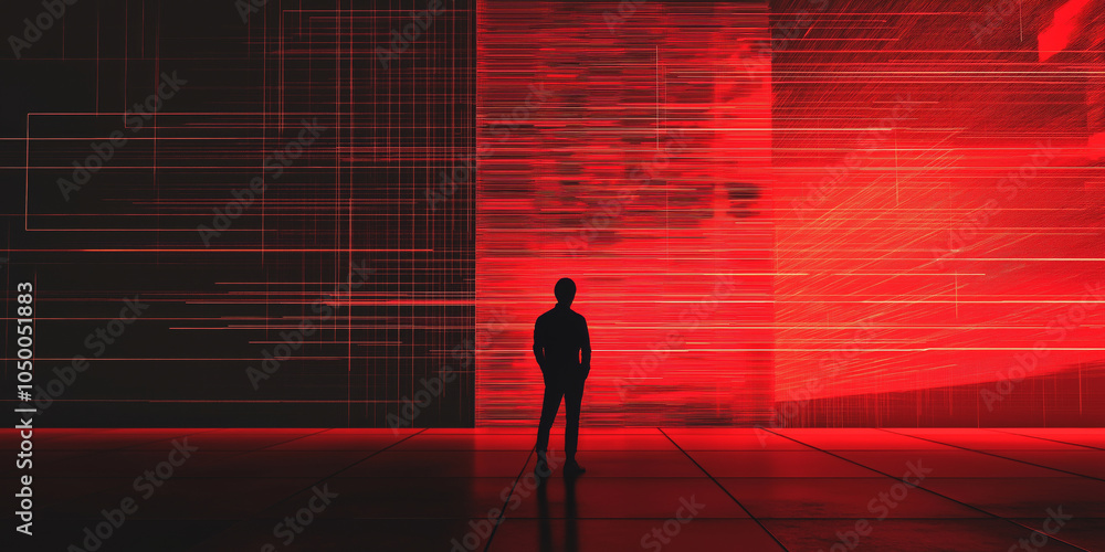 Poster simplified hacker figure standing in front of a giant firewall made of red and black lines.