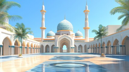 Fototapeta premium Serene Mosque Courtyard with Palm Trees and Reflective Pool