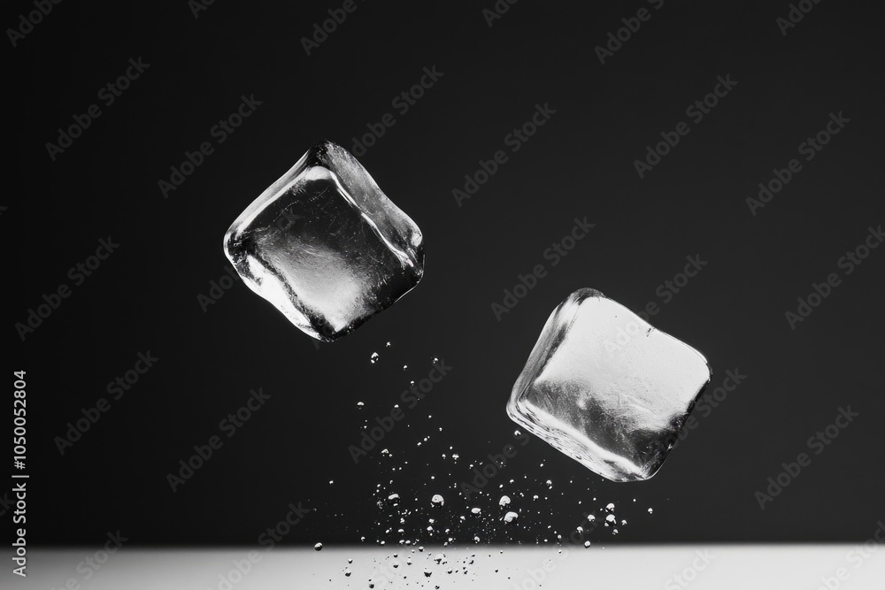Poster two ice cubes are falling from the sky, one of which is being crushed by the other. the scene is dar