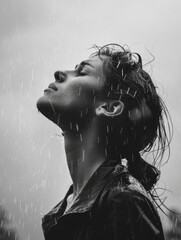 Fototapeta premium Woman is standing in the rain with her hair wet. She is looking up at the sky