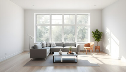 Fototapeta premium Interior of light living room with grey sofa, coffee table, armchair and big window isolated with white highlights, png