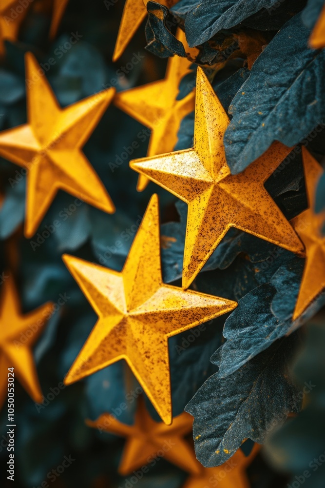 Poster close up of yellow stars on a green background. the stars are all different sizes and are scattered 