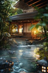 Fototapeta premium Serene and peaceful scene of a house with a garden and a small stream. The house is surrounded by lush greenery and rocks, creating a tranquil atmosphere. The water in the stream is calm and clear