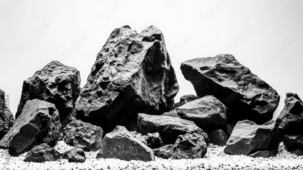 Poster large pile of rocks is shown in black and white. the rocks are scattered in various sizes and shapes