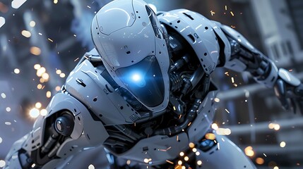 Fototapeta premium A futuristic robot featuring wide shoulder plates and blue light eyes sprinting through a dimly lit factory filled with sparks showcasing advanced technology and automation in action
