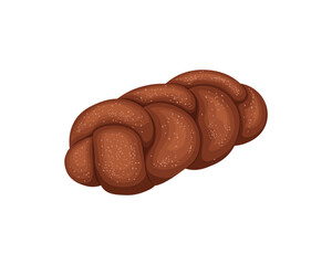 Challah. The bread is braided. Sweet flour dessert. A sesame bun. The vector illustration is isolated on a white background.