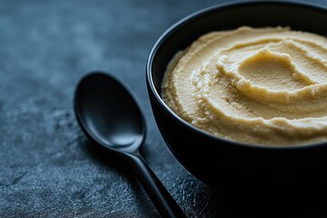 Spoon is in a black bowl of creamy food. The bowl is almost full, and the spoon is almost empty