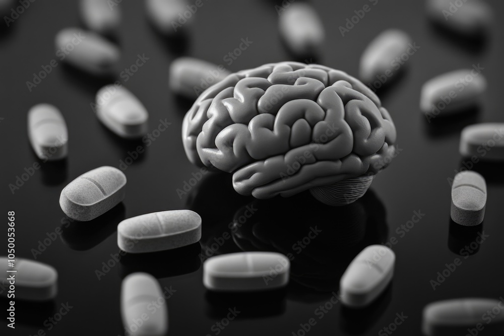 Poster brain is surrounded by many pills. the pills are all different shapes and sizes. concept of confusio