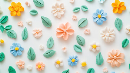 Floral pattern featuring delicate flowers made of polymer clay in pastel colors. Light background. Generative AI