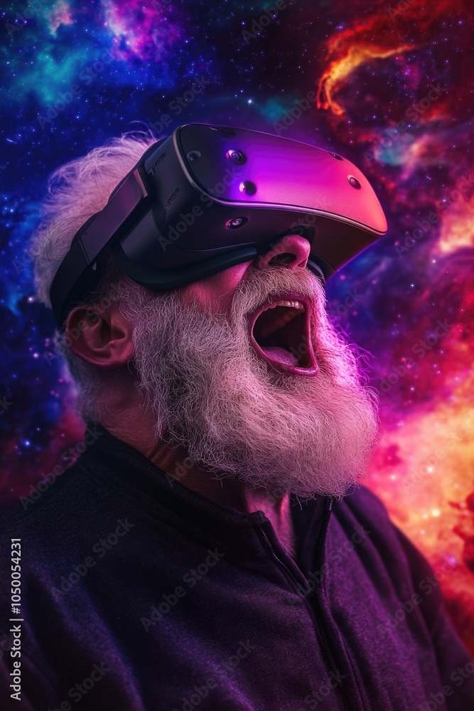 Aufkleber man with a beard is wearing a virtual reality headset and is making a loud noise. the image has a fu