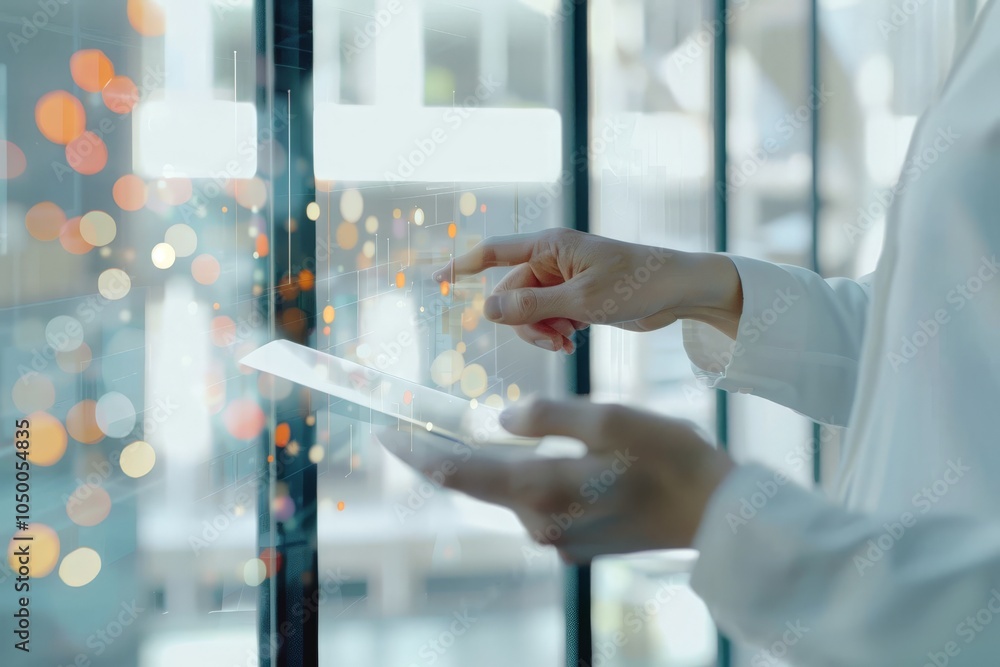 Poster a person using a futuristic digital interface, symbolizing innovation and technology. the interface 
