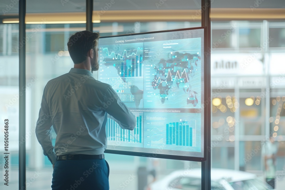 Poster a businessman is seen analyzing intricate data visualizations on a transparent digital screen within