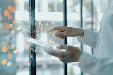 A person using a futuristic digital interface, symbolizing innovation and technology. The interface displays data visualization and interactive elements.