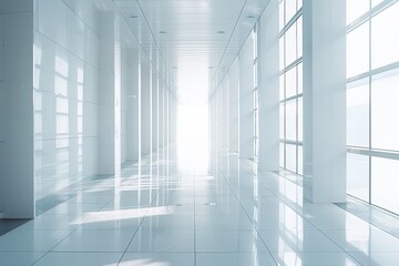 An empty, sunlit corridor with sleek white tiles and modern design exemplifies an architectural space full of natural light and a sense of openness and tranquility.