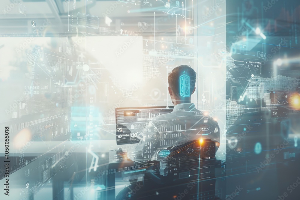 Poster an individual is immersed in work at a computer, with digital and holographic overlays of data and t