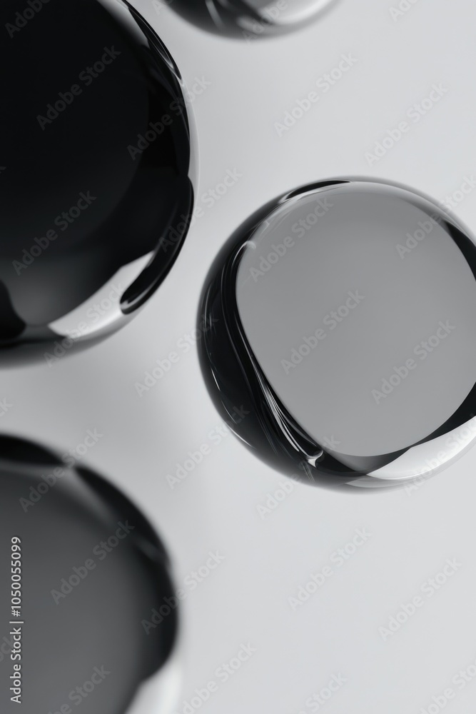 Poster series of black and silver spheres are arranged in a row. the spheres are all the same size and are 