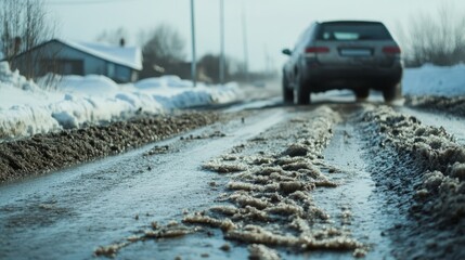 Muddy Winter Road with Car Tracks and Snowy Landscape
