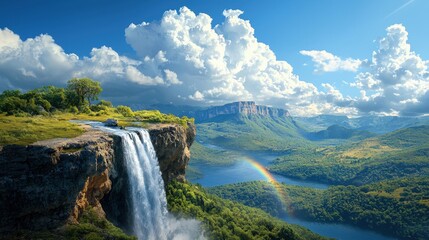 Fototapeta premium A waterfall is seen in the distance with a rainbow in the sky