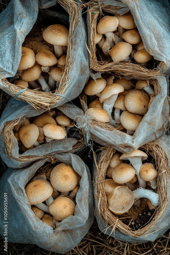 Poster bunch of mushrooms are in a bag. the mushrooms are all different sizes and colors. the bag is made o