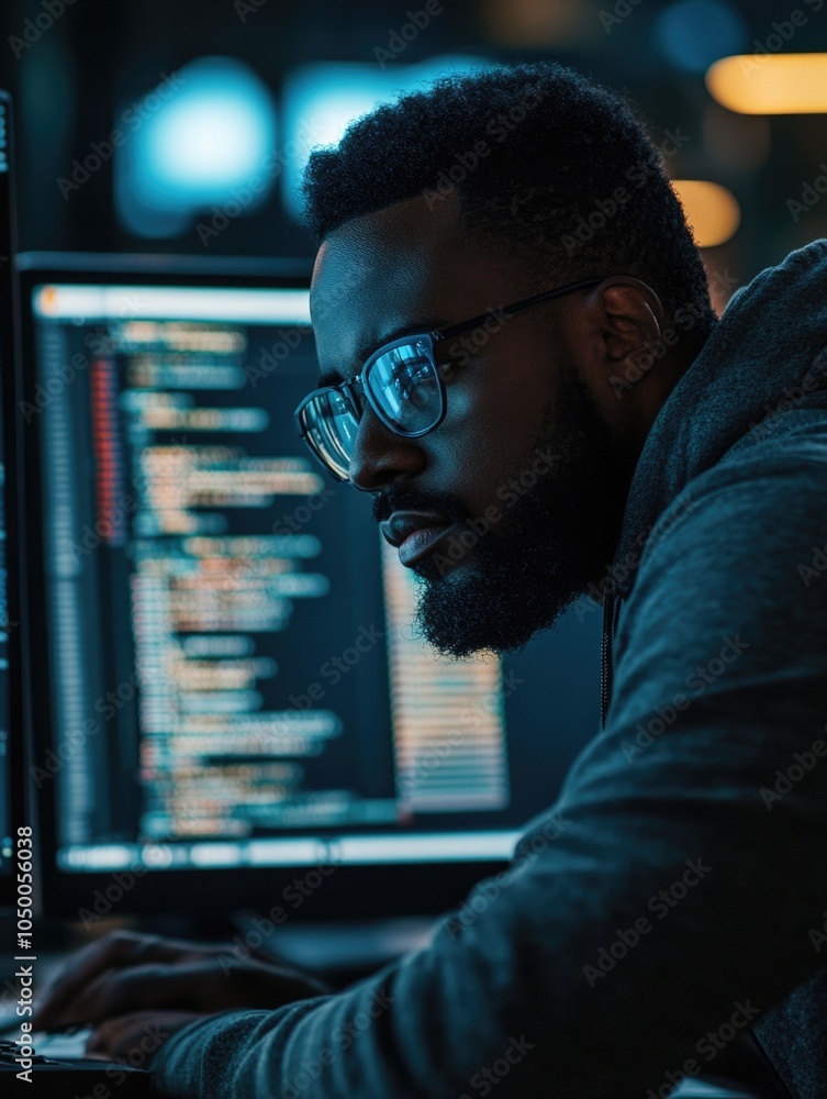 Aufkleber man wearing glasses is working on a computer. he is focused on the screen and he is typing. concept 