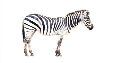 Obraz premium Zebra is standing on a white background. The zebra is the main focus of the image, and it is looking at the camera. The white background emphasizes the black and white stripes of the zebra