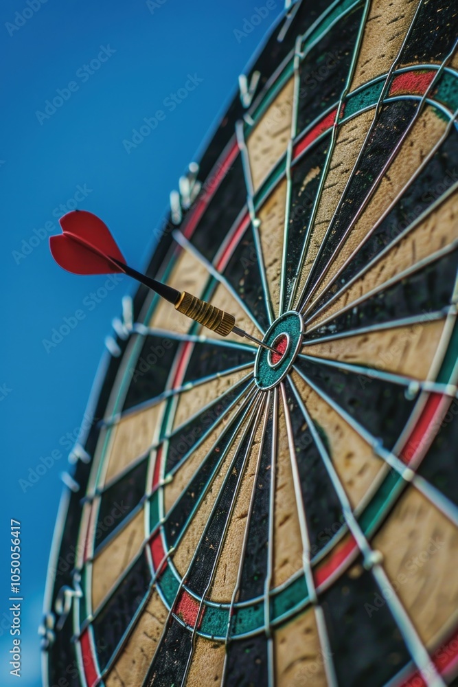 Poster red dart is flying towards a black and white target. concept of focus and determination as the dart 
