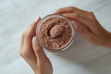 Fototapeta premium Person is holding a jar of brown powder in their hand. The jar is filled with a powdery substance that looks like a mixture of flour and cocoa