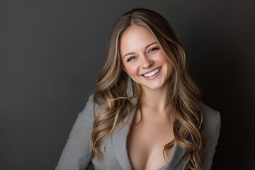 Fototapeta premium Joyful Woman Smiling, Authentic Expression, Happiness, Confidence, Studio Portrait, Cheerful Laughter, Natural Beauty, Positive Emotion, Radiant Smile, Vibrant Personality