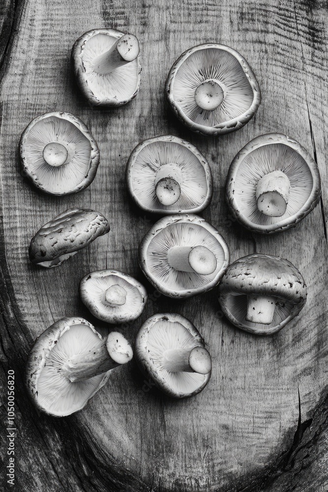 Aufkleber close up of mushrooms on a wooden surface. the mushrooms are all different sizes and shapes, and som
