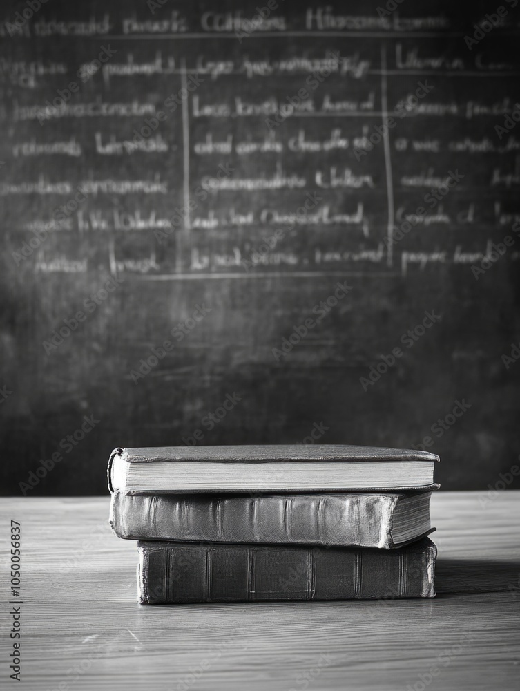 Poster stack of books on a desk in front of a chalkboard with the words 