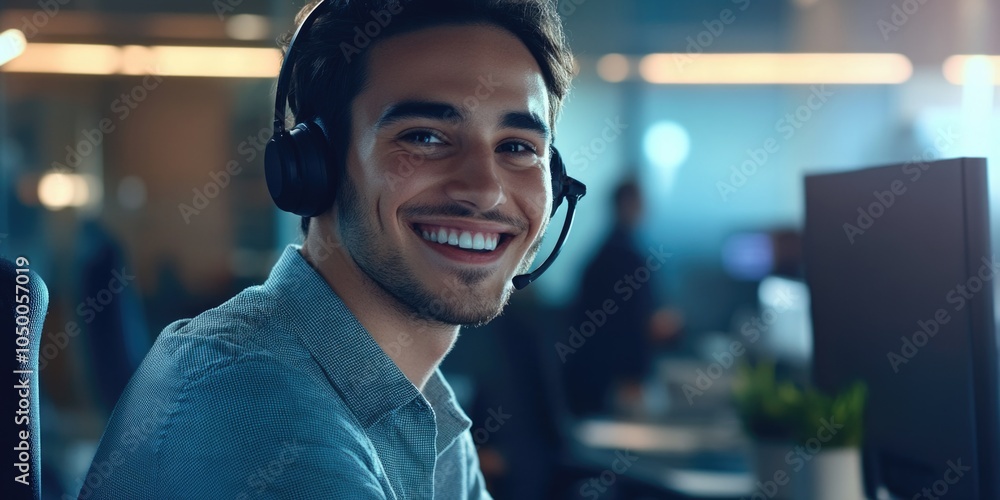 Poster man wearing a headset is smiling and looking at the camera. he is in a work environment, possibly in