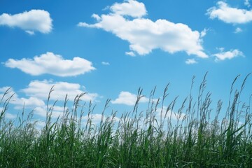 Fototapeta premium Field of tall grass with a clear blue sky above. The sky is dotted with clouds, giving the scene a peaceful and serene atmosphere