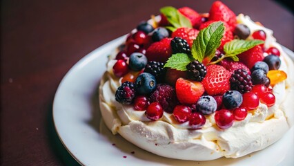 A Delicate Meringue Base Topped with a Lush Assortment of Fresh Berries and Whipped Cream