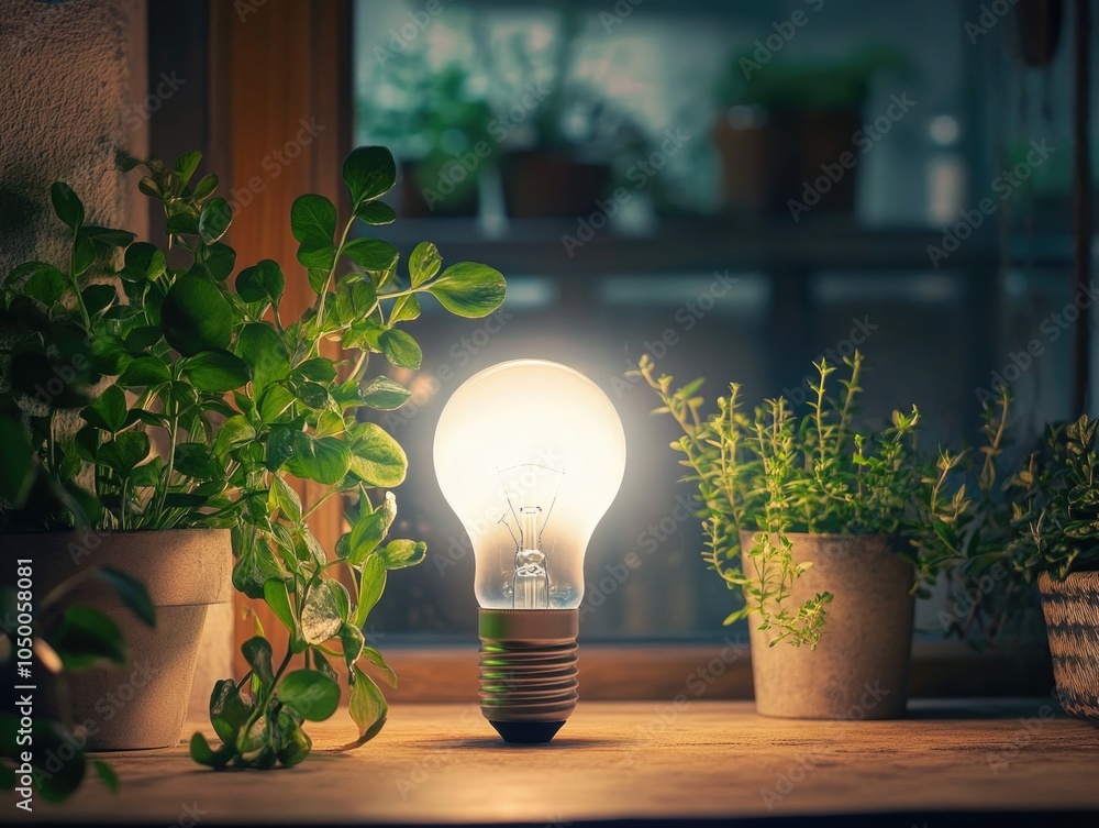 Poster single light bulb is glowing brightly in a room filled with potted plants. the light bulb is the onl