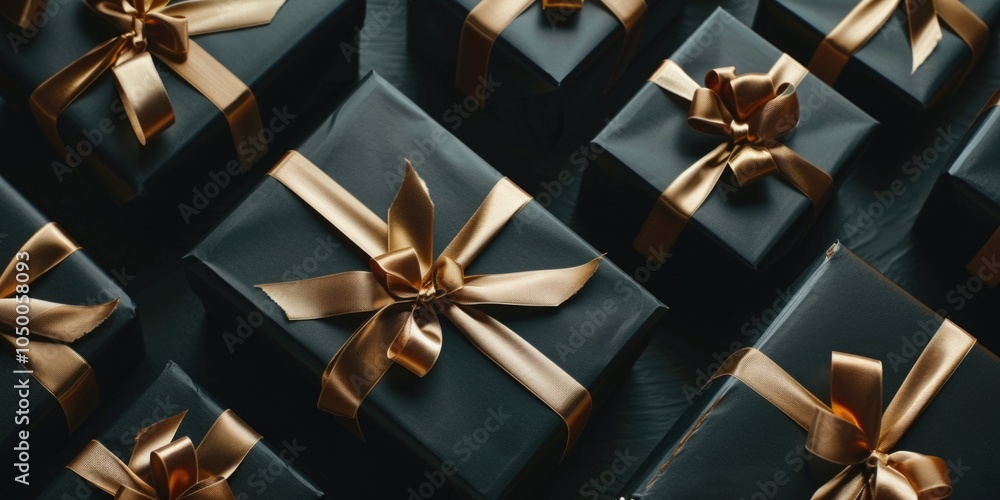 Poster row of black boxes with gold ribbons on them. the boxes are all different sizes and are arranged in 