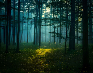 Obraz premium Whimsical forest, fireflies and mist, mysterious autumn vibes