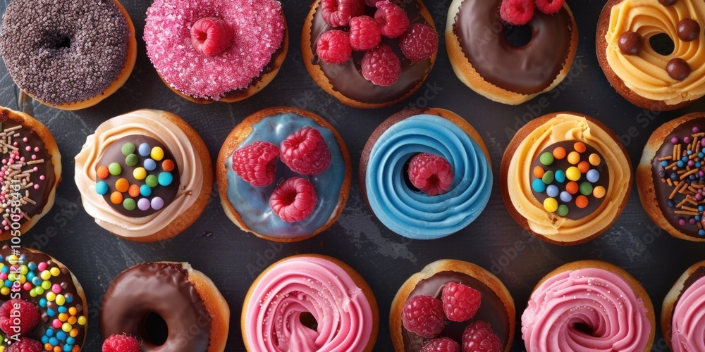 Aufkleber row of colorful donuts with raspberries on top. the donuts are arranged in a grid pattern, with some