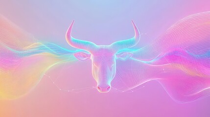A colorful bull with a pink and purple background