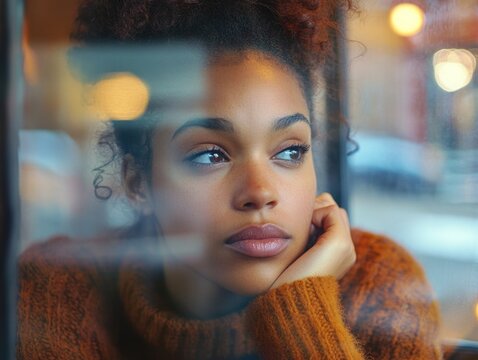 Woman with dark hair and a brown sweater is looking out the window. She is deep in thought