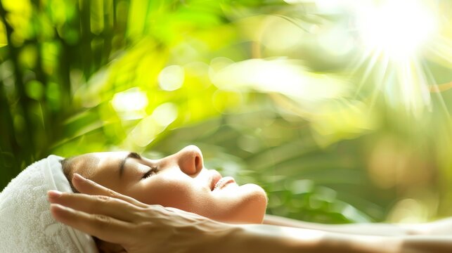 A patient receiving a relaxing massage therapy session in a tranquil spa-like setting against a calming, natural background, macro shot