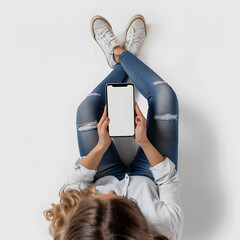 top view woman sitting and holding blank screen mock up mobile phone isolated on white background,...