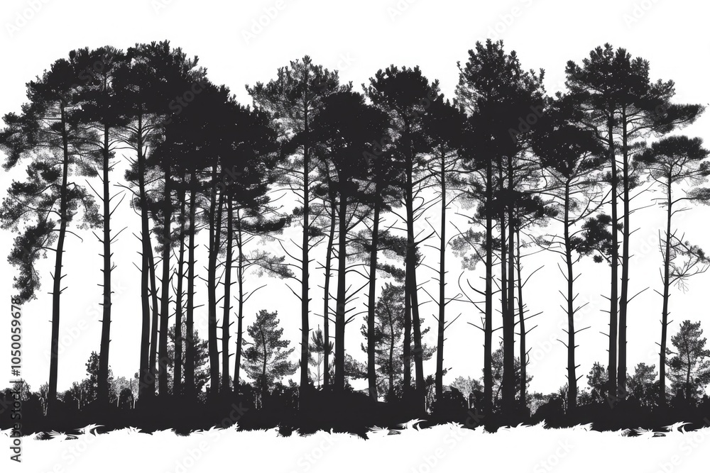 Poster forest of trees is shown in black and white. the trees are tall and dense, creating a sense of depth