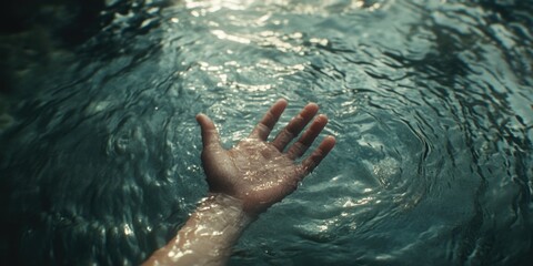 Hand is reaching into the water, and the water is calm. Concept of peace and tranquility