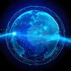 Obraz premium Abstract representation of global network and connectivity, featuring light trails and nodes on a dark gradient background with blue-toned accents. High tech, global, futuristic look, great for busin